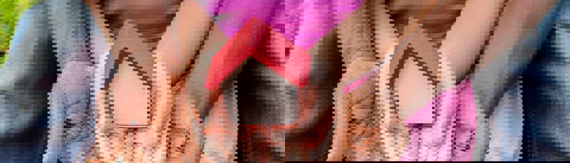 Handen van papa en pleegkind rond houten huisje: de pleegzorgtoeslag