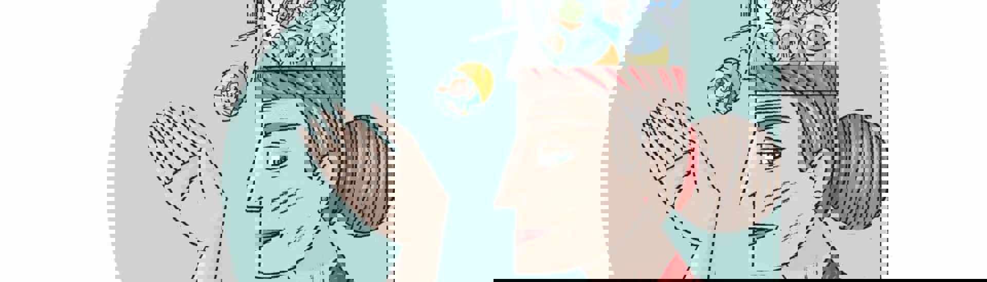 Cartoon van oudere vrouw: psychologische hulp voor ouderen 