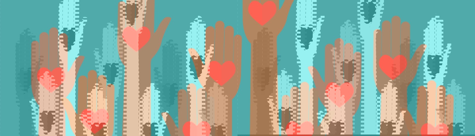 Opgestoken handen met hartjes bieden hulp